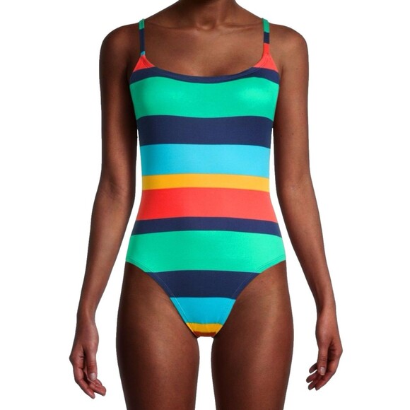 Sperry One Piece Swimsuit XL High Cut Rainbow Stripe Padded Bra Swimwear Preppy - Picture 7 of 8